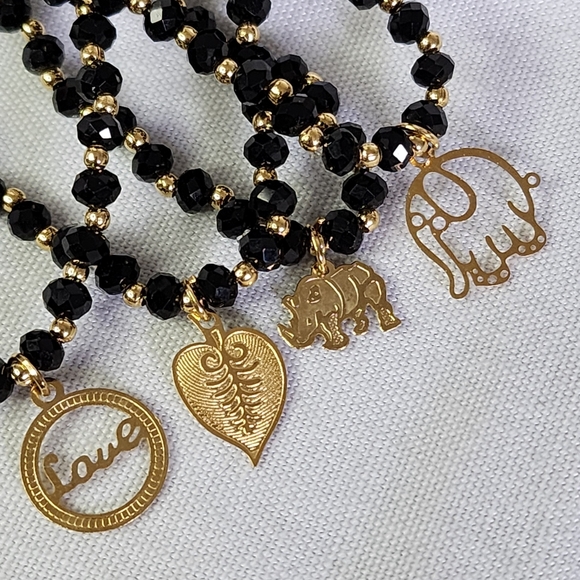 Set of 7 Black Crystal Bead Stretch Bracelet with Charm New - Picture 4 of 9